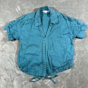 Athleta Top Womens XS Blue Playa Tie Linen Wrap Collared Open Teal